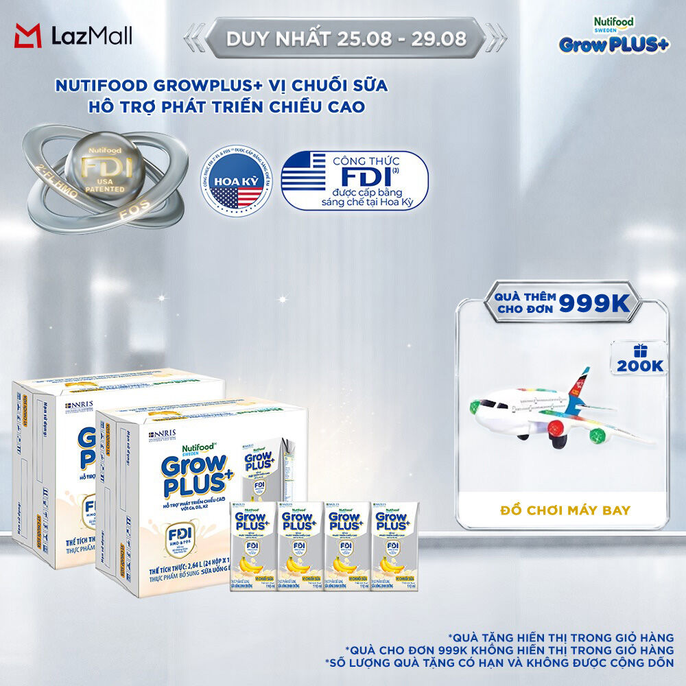 Combo 2 Thùng 24 hộp Sữa bột pha sẵn Nutifood Sweden GrowPLUS+ Vị Chuối Sữa hộp 110ml - Hỗ trợ phát triển chiều cao