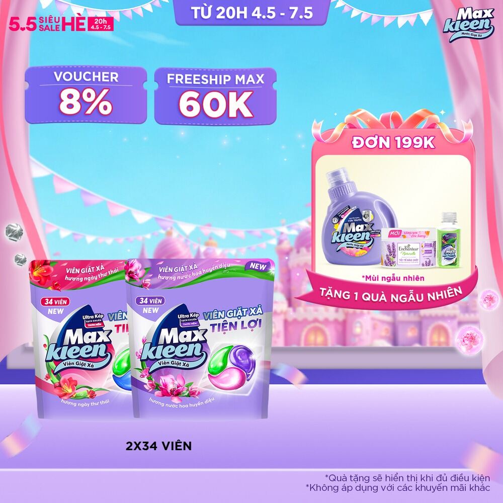 Combo 2 Túi Viên Giặt Xả MaxKleen Hương Huyền Diệu + Hương Ngày Thư Thái (34 viên/túi)
