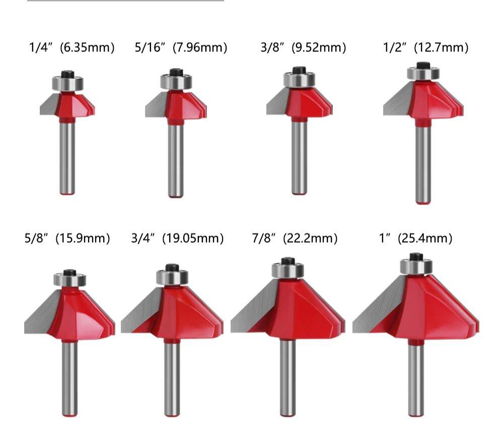 Mũi phay gỗ vat 45 độ cốt nhỏ 6.35mm đầu 6li đến 25li hiệu Favi , mũi router vat 45 độ, mũi soi gỗ vat chuyên dụng