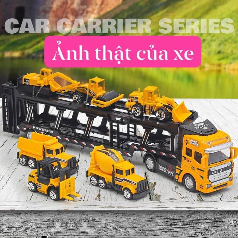 Mô hình xe container đầu kim loại chở 6 xe công trình