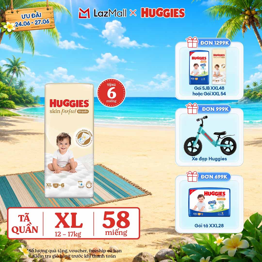 [CHỈ 20h 5-8/6 QUÀ TẶNG ĐH 699K]  Tã quần Huggies Skin Perfect XL size Super Jumbo 52+6 miếng - Nhiều Phiên bản