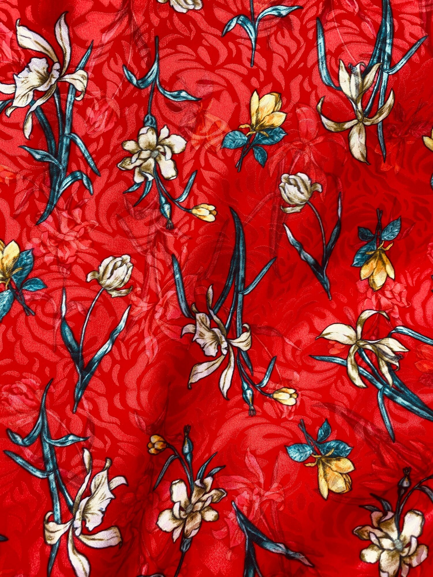Vải lụa gấm hoa tulip nền đỏ co giãn ML2210