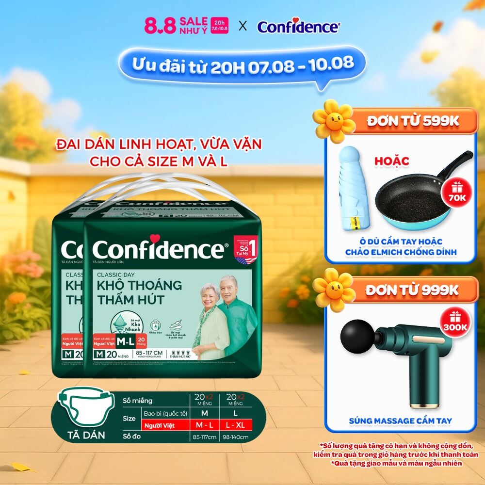 Combo 4 Tã dán ngưới lớn Confidence Thấm Hút Vượt Trội & Khô Thoáng M-L 8M/L-XL 7M