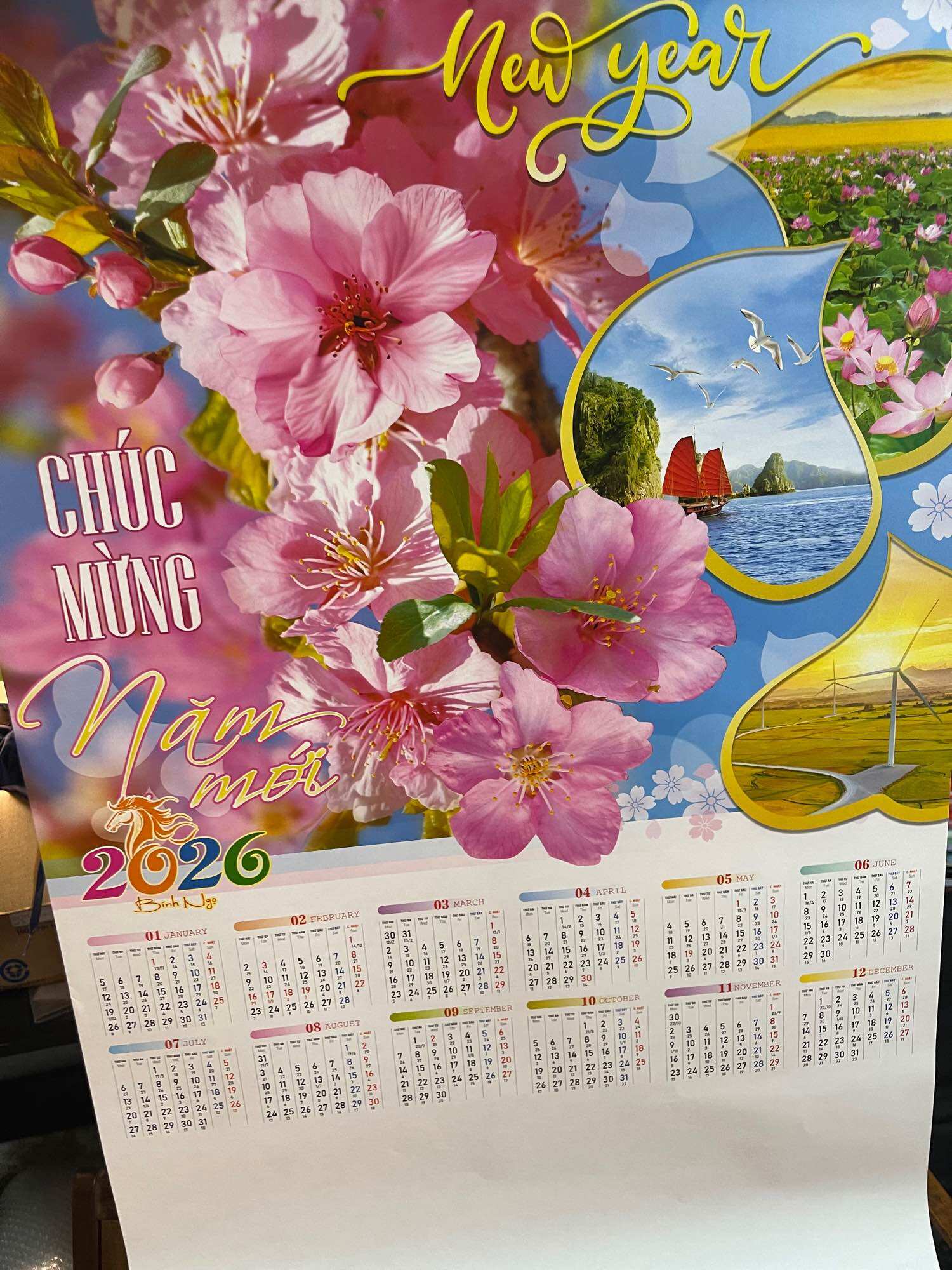 Lịch treo tường 1 tờ 12 tháng 2026 Bính Ngọ dày đẹptươi sáng