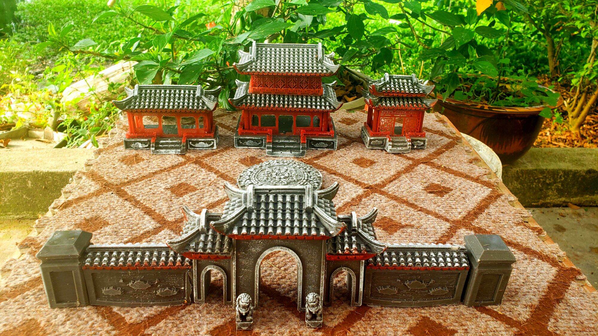 Mô hình trang trí tiểu cảnh, combo bộ nhà chùa 8 món