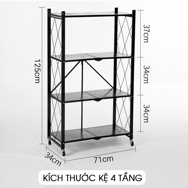Kệ sắt gấp gọn 4 tầng có bánh xe