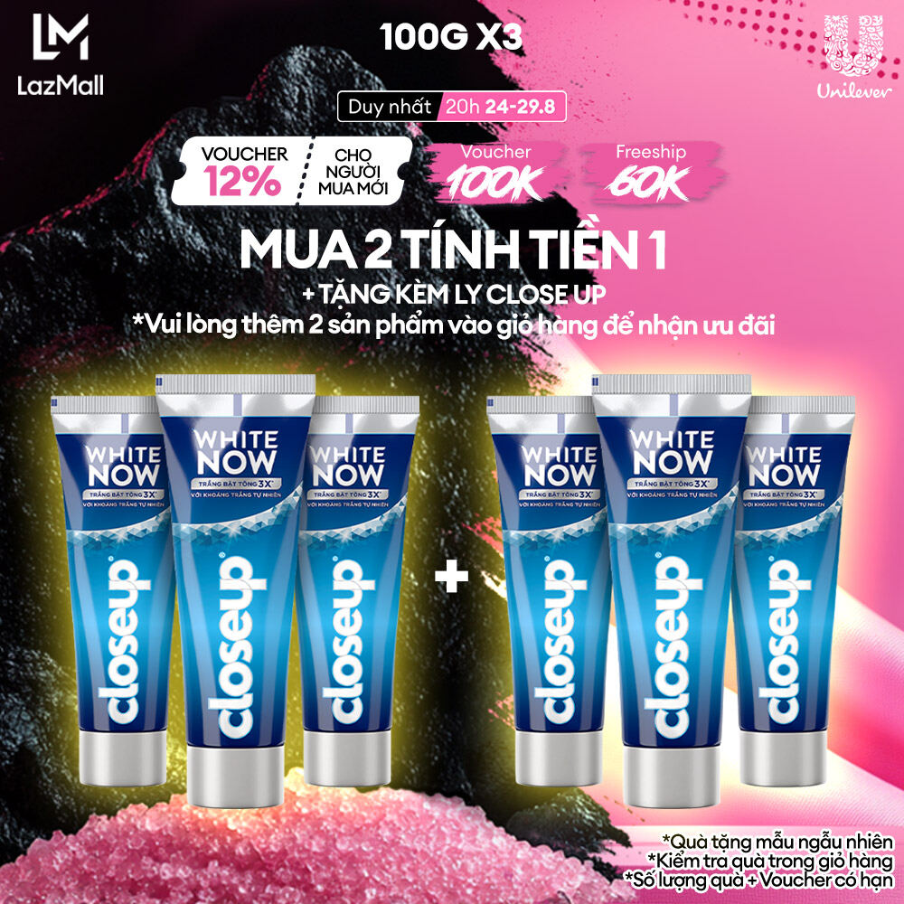 Bộ 3 kem đánh răng closeup whitenow khoáng trắng tự nhiên 100g