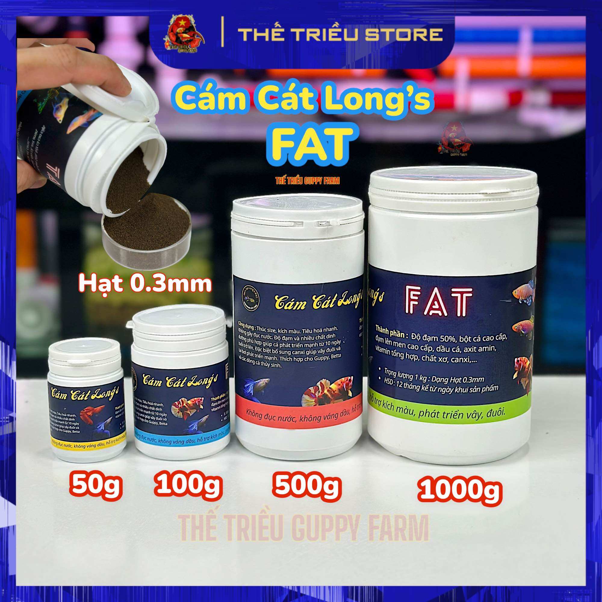 Cám cát long’s fat - hủ 50g-100g-500g-1000g. thức ăn cho cá guppy, betta và các loài cá cảnh khác