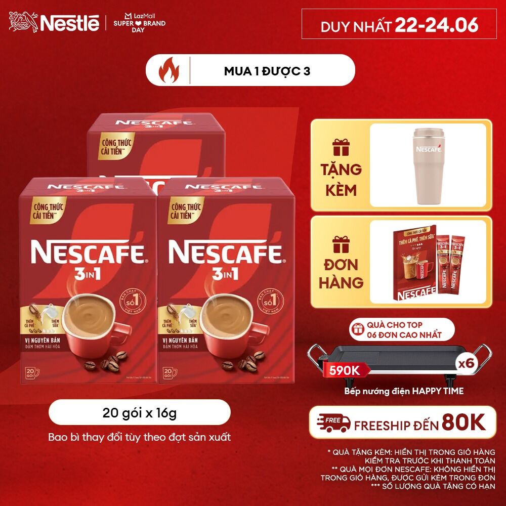 [ƯU ĐÃI THÁNG 6][Giao hàng toàn quốc] [CÔNG THỨC CẢI TIẾN] Combo 3 Hộp Cà phê Hòa tan NESCAFÉ VỊ NGUYÊN BẢN 20 gói - Đậm thơm hài hòa