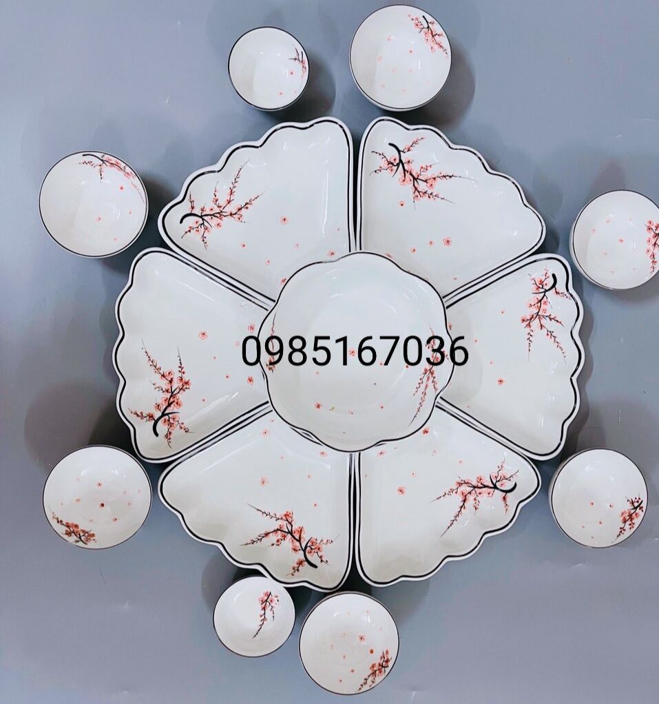 Bộ bát đĩa hoa mặt trời vẽ hoa đào bay đ.kính 38/45/55cm.Hành sứ Bát Tràng.