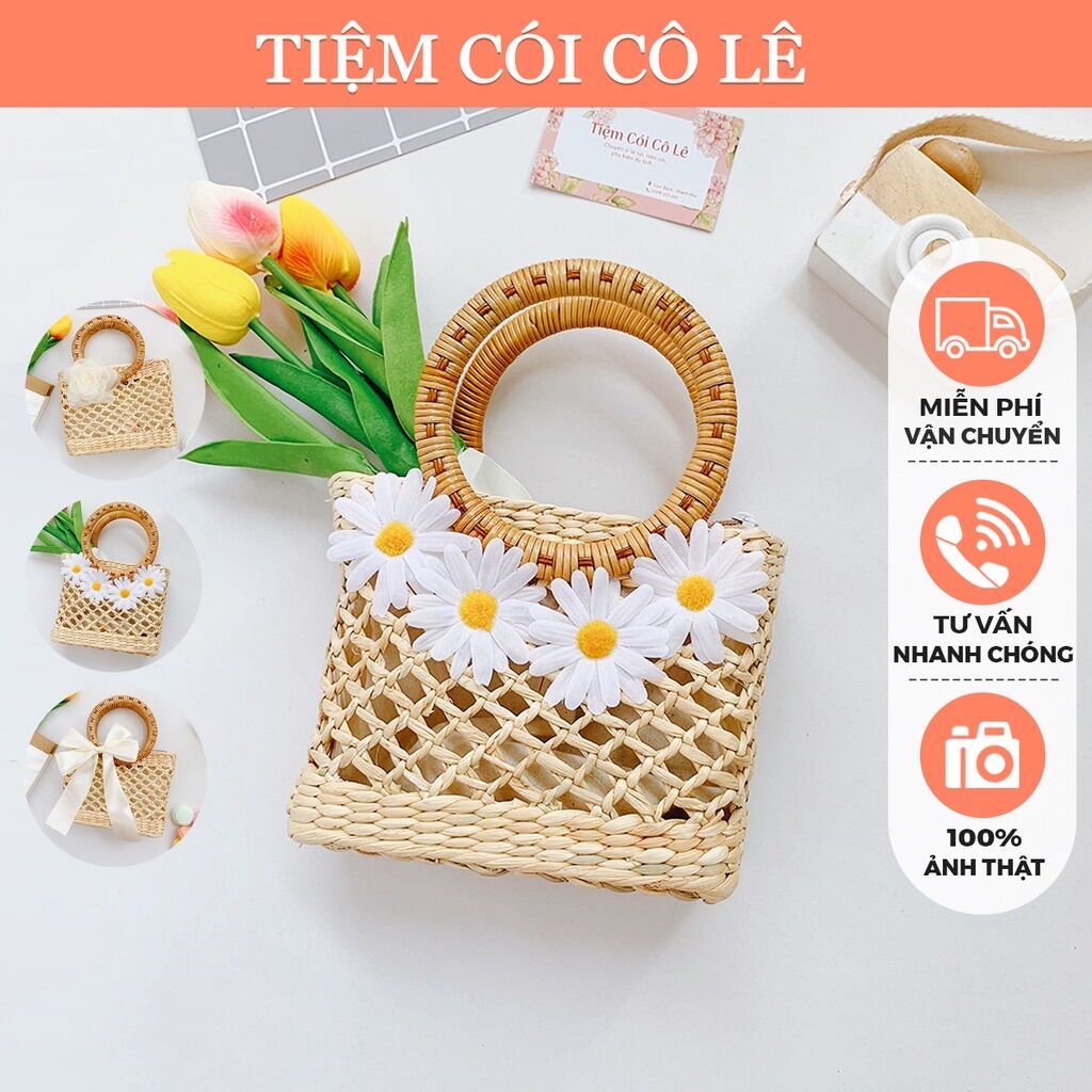 Túi cói mini, làn cầm tay hình vuông đan ô thưa size 17cm - tiệm cói cô lê