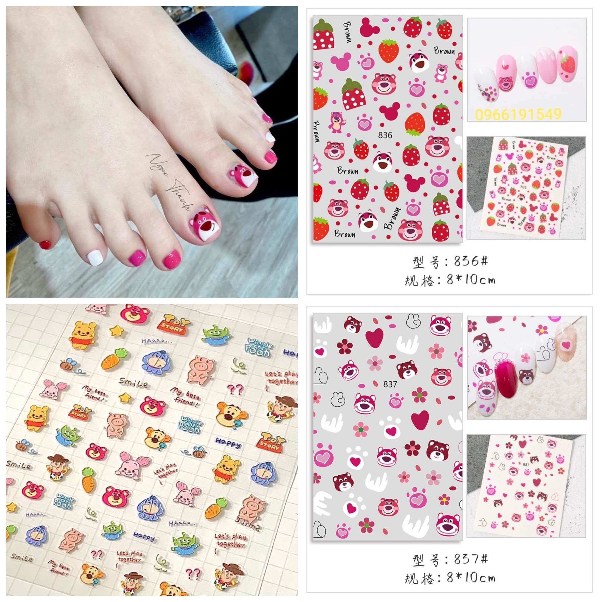 Sticker gấu dâu , chuột, gấu nâu hoạt hình dán móng tay hot hit