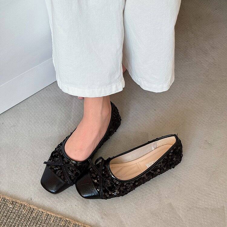 Giày Đế Bằng Mary Janes Đính Hạt Nhún Bèo Cổ Điển Mùa Thu Cho Nữ Giày Đế Bằng Đính Nơ Hở Mũi Đế Cao Su PU Thường Ngày. 