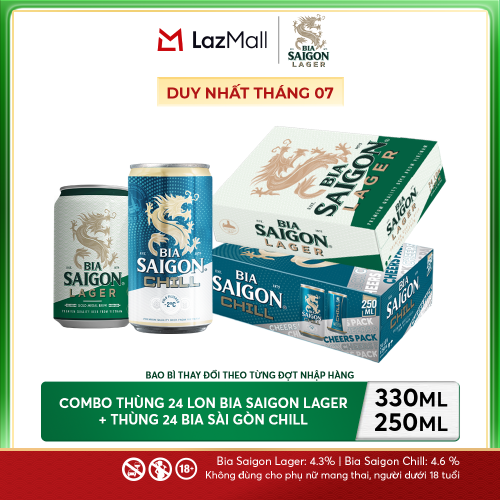 Nồng Độ Cồn 4.3% - Combo 1 Bia Saigon Lager 330ml + Nồng Độ Cồn 4.6% - 1 Bia Sài Gòn Chill 24 Lon 250ml