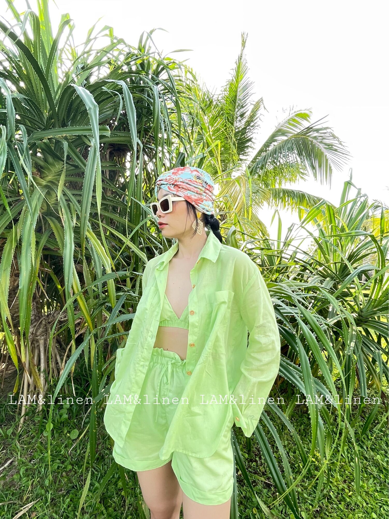 Set gồm Áo sơ mi, Bra và short vải Linen cao cấp - Set Shirt, Bra, Short Linen Premium