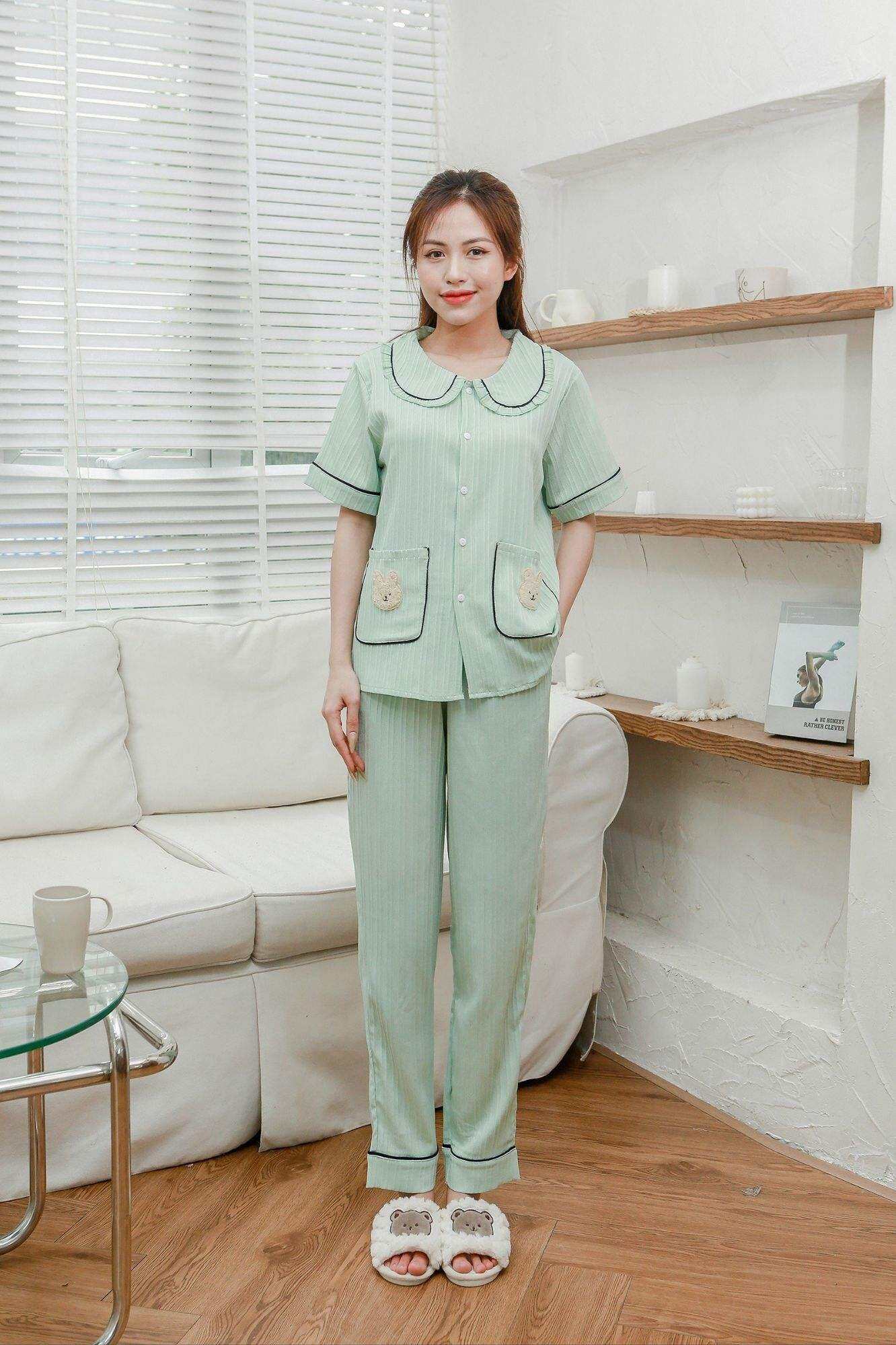 Đồ Ngủ Nữ, Bộ pijama tiểu thư Quần dài Áo túi Gấu chất liệu vải đũi gân nhẹ  mát
