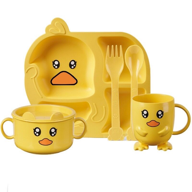 Khay/bát đĩa ăn dặm cho bé cute vịt vàng 5món:khay,bát,cốc, thìa,dĩa