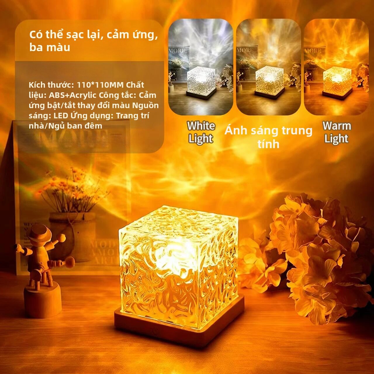 Đèn Ngủ Máy Chiếu Gợn Sóng Nước Xoay Động 3/16 Màu Sắc Đèn Pha Lê Ngọn Lửa Pin Sạc Đi Kèm Cho Phòng Khách Phòng Học Phòng Ngủ
