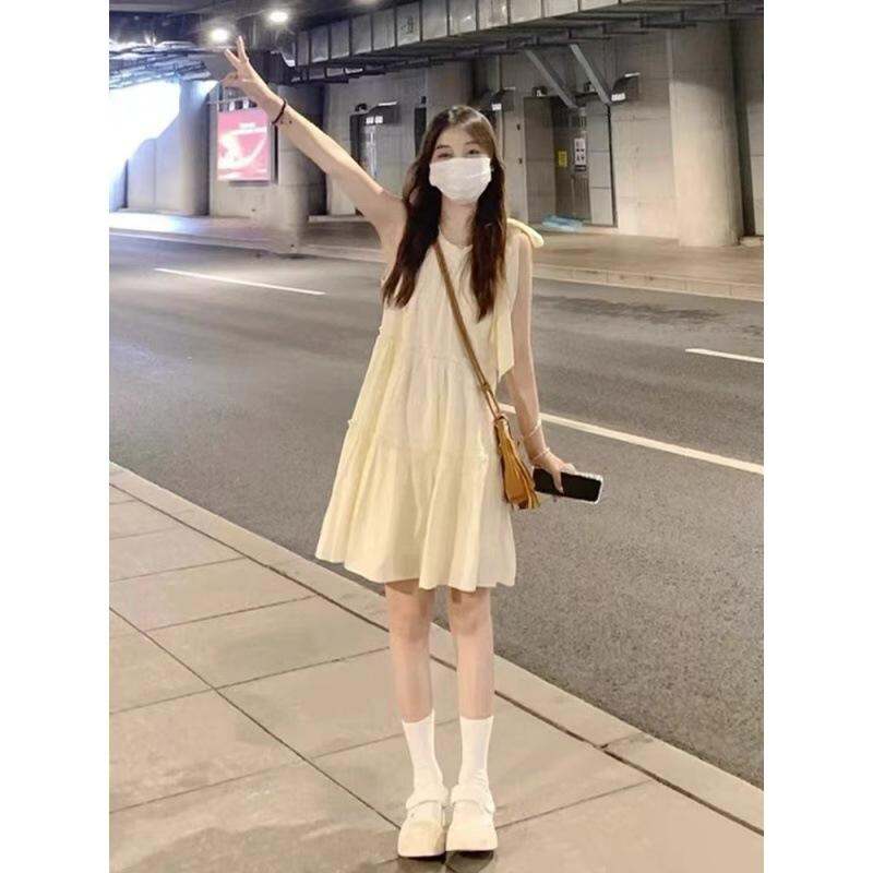 Váy Mùa Hè Mới 2024 Váy Không Tay Cổ Treo Không Dây Váy Đi Biển Cho Phụ Nữ Nhỏ Nhắn Váy Đi Biển Fairy Cổ Chữ a Cạp Cao Bằng Polyester