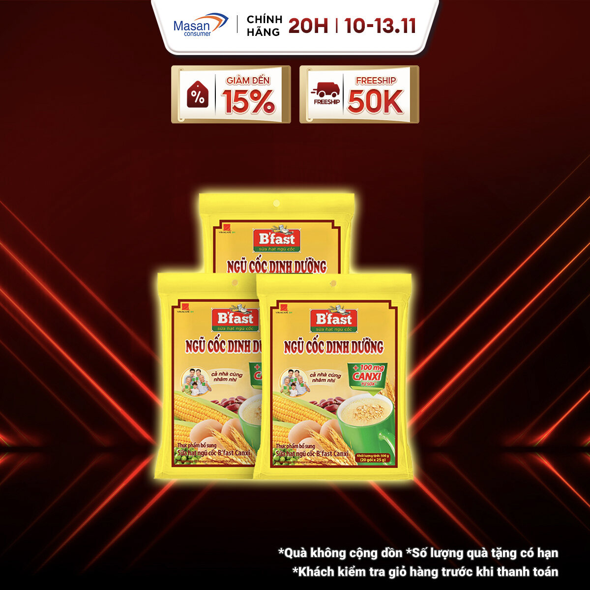 [11.11-13.11 Voucher 18% CHO ĐƠN TỪ 199K]Combo 3 Túi Sữa Hạt Ngũ Cốc BFast Canxi - Túi 20 Gói x 25g