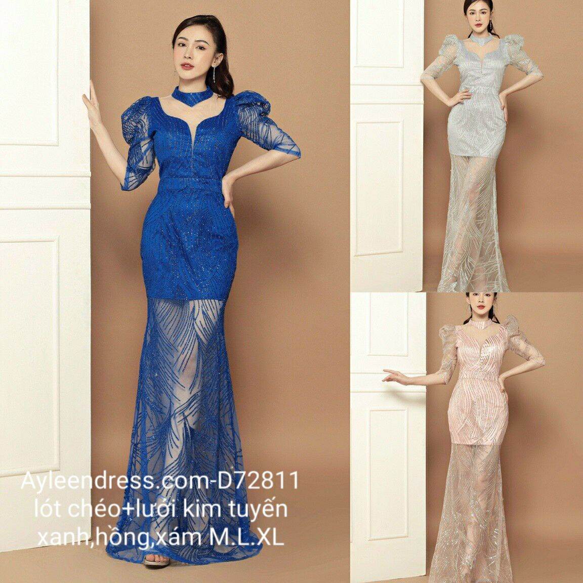 Đầm dạ hội lưới kim tuyến tay dài