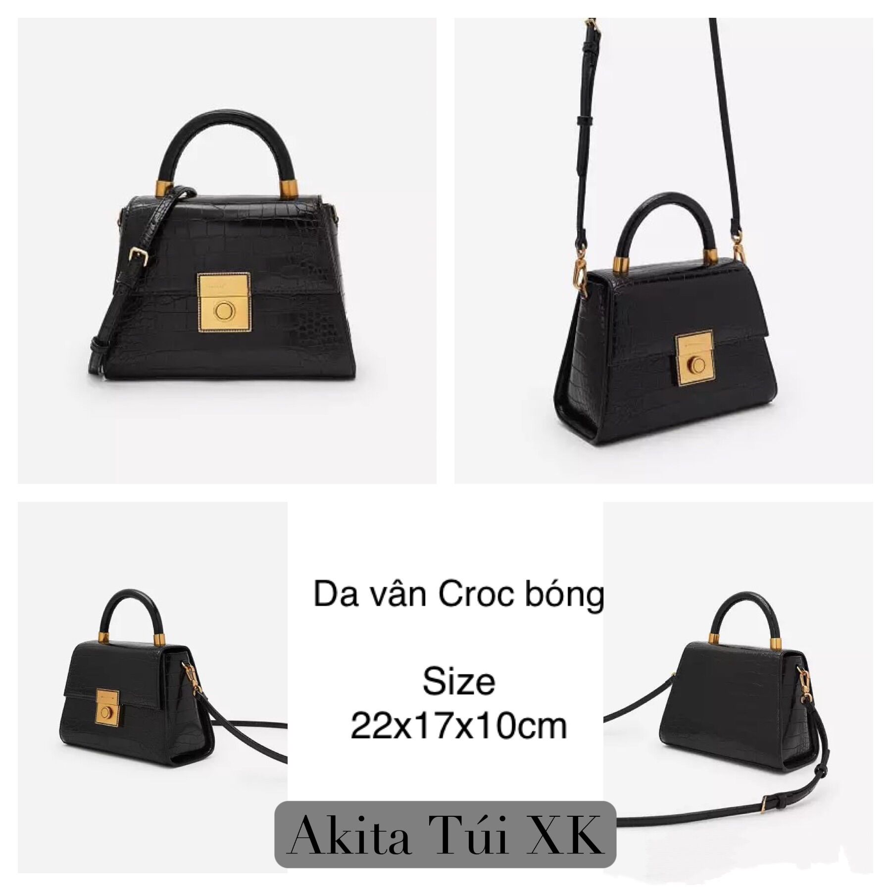 Túi xách tay nữ cnk hình thang da vân bóng khóa bấm có dây đeo dài tháo rời ra được size 22