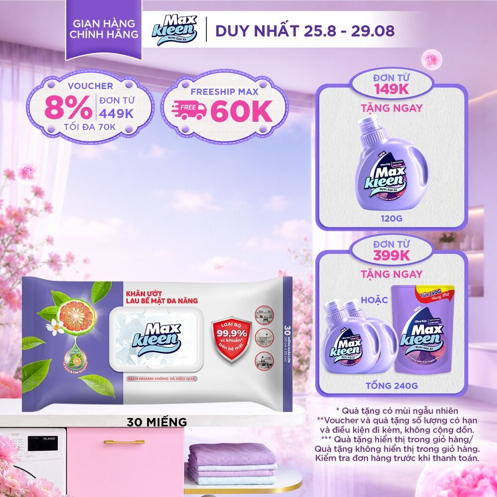 Khăn Ướt Lau Bề Mặt Đa Năng MaxKleen Loại Bỏ 99.9% Vi Khuẩn Hương Trà Xanh  Cam Bergamot 30 Miếng/Gói
