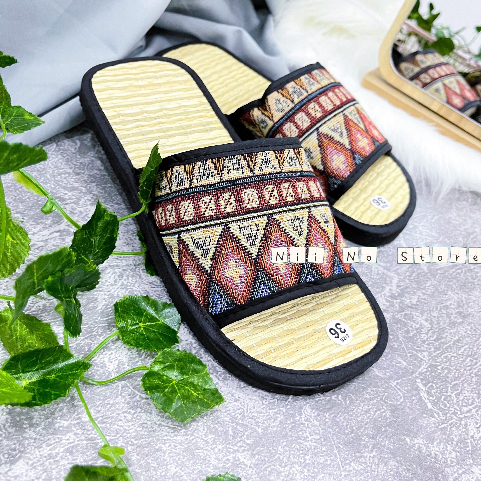 [ND017] Dép chiếu cói thổ cẩm đỏ quai ngang