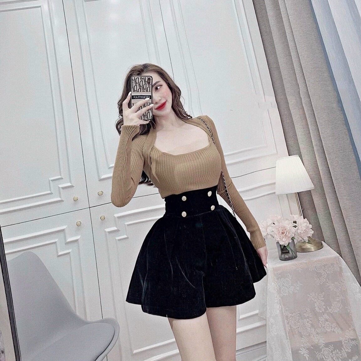 Áo len gân nữ dài tay cổ vuông hot hit