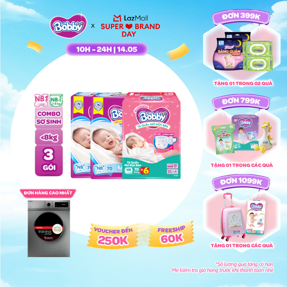 [SALE GIỮA THÁNG tặng QUÀ TO-SLCH][TẶNG MIẾNG NGẪU NHIÊN] Combo sơ sinh gồm 02 gói Tã dán Bobby NB70 miếng và  01 gói Tã quần mở một bên NB-S 74 miếng