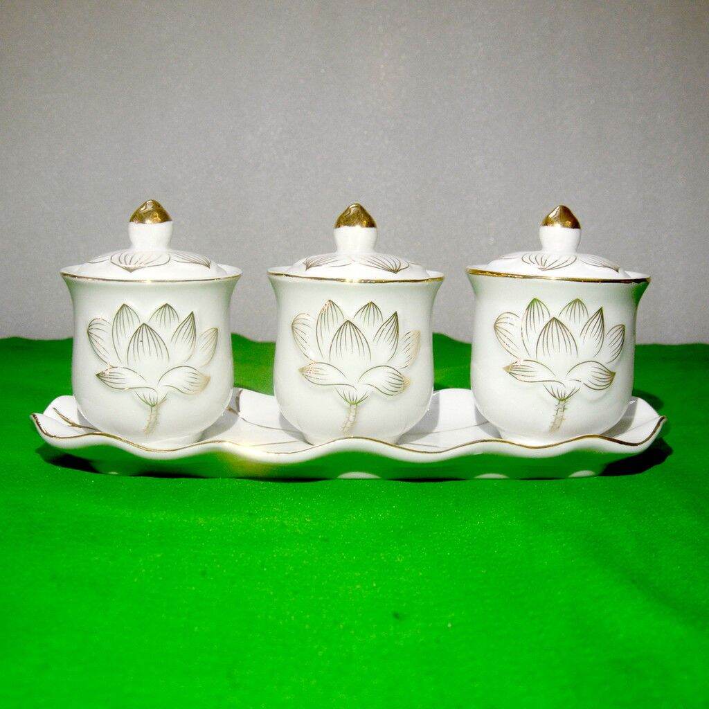 Đồ thờ cúng - bộ 3 ly chung hoa sen trắng cao cấp