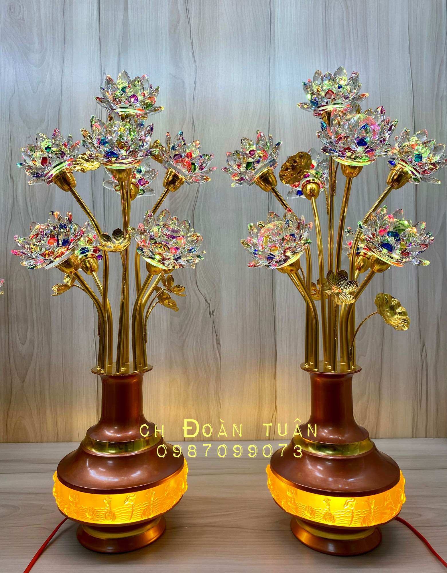 Cặp đèn bình bông pha lê - đèn trang trí bàn thờ hoa sen pha lê 7 bông & 9 bông