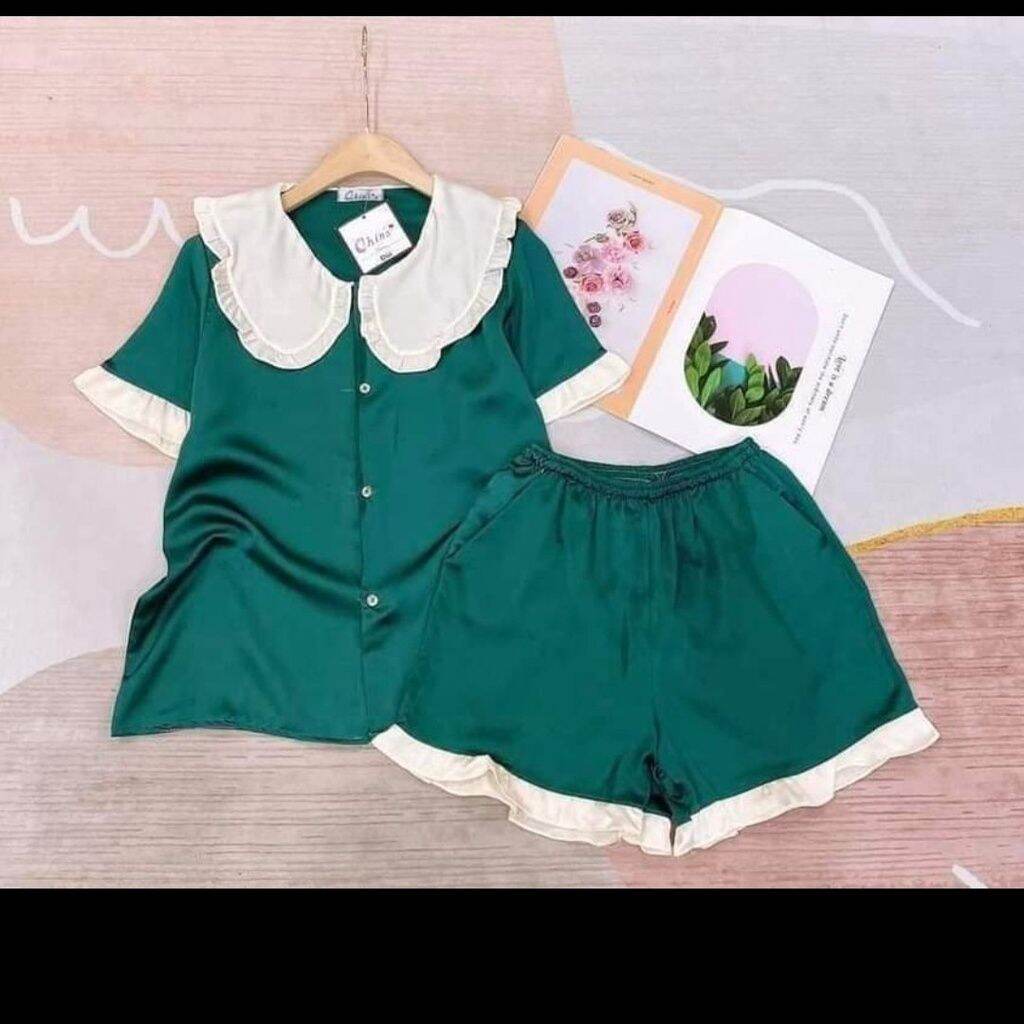 Đồ bộ pijama đùi, bộ đồ ngủ nữ mặc nhà cộc tay cổ bèo dễ thương chất liệu kate lụa