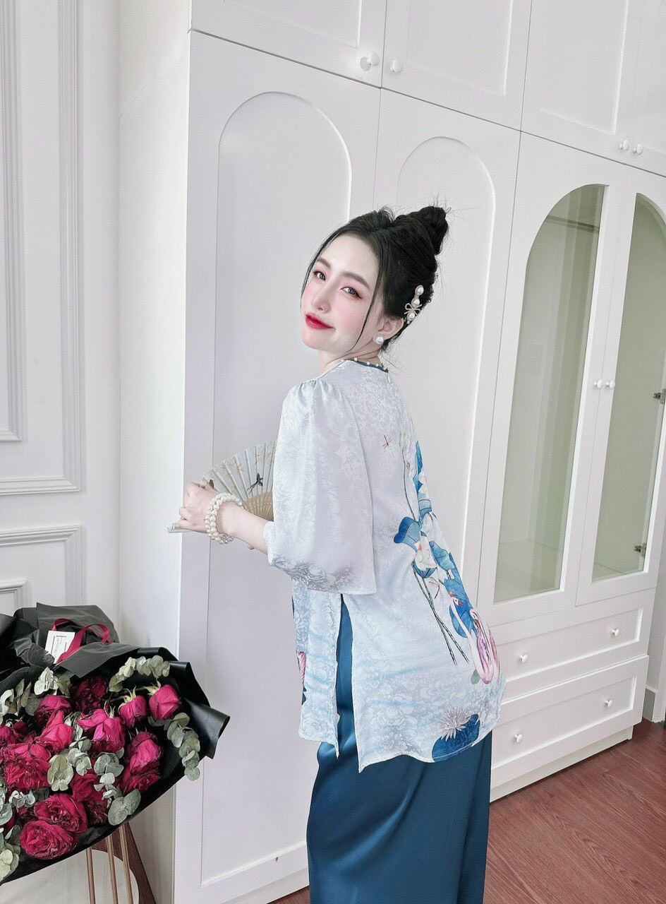 Bộ sét lam gấm 2 da phối quần lụa latin