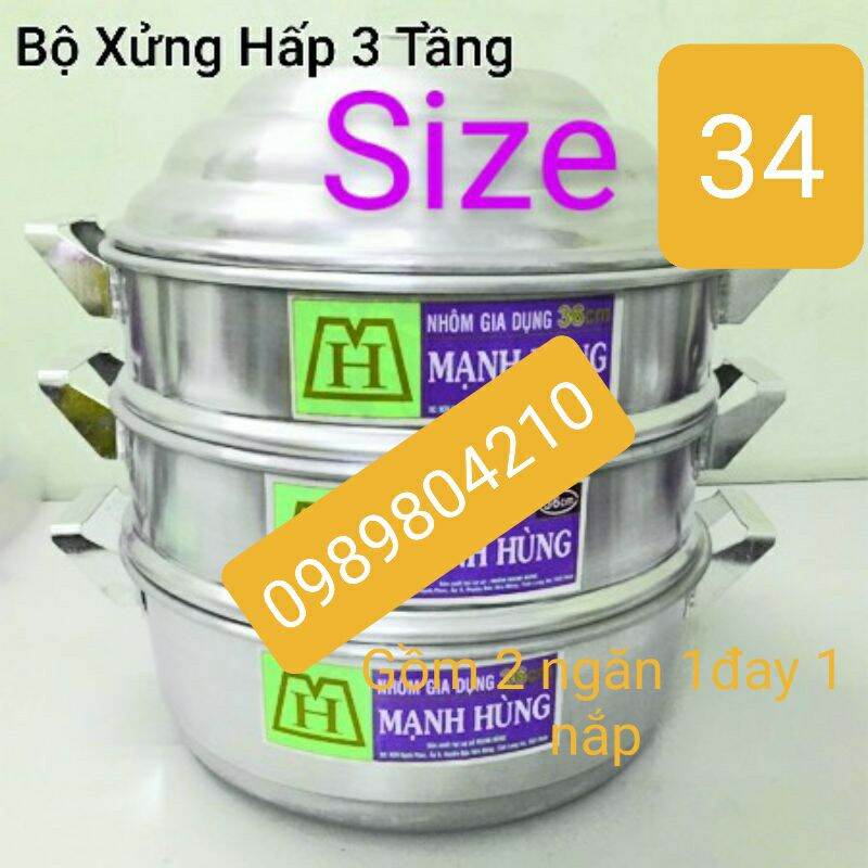 Bộ xửng hấp nhôm Mạnh Hùng 3 tầng size 34  (2ngan,1đay,1nap) CHÍNH HÃNG, hấp bánh bao,rau,củ,quả,hải