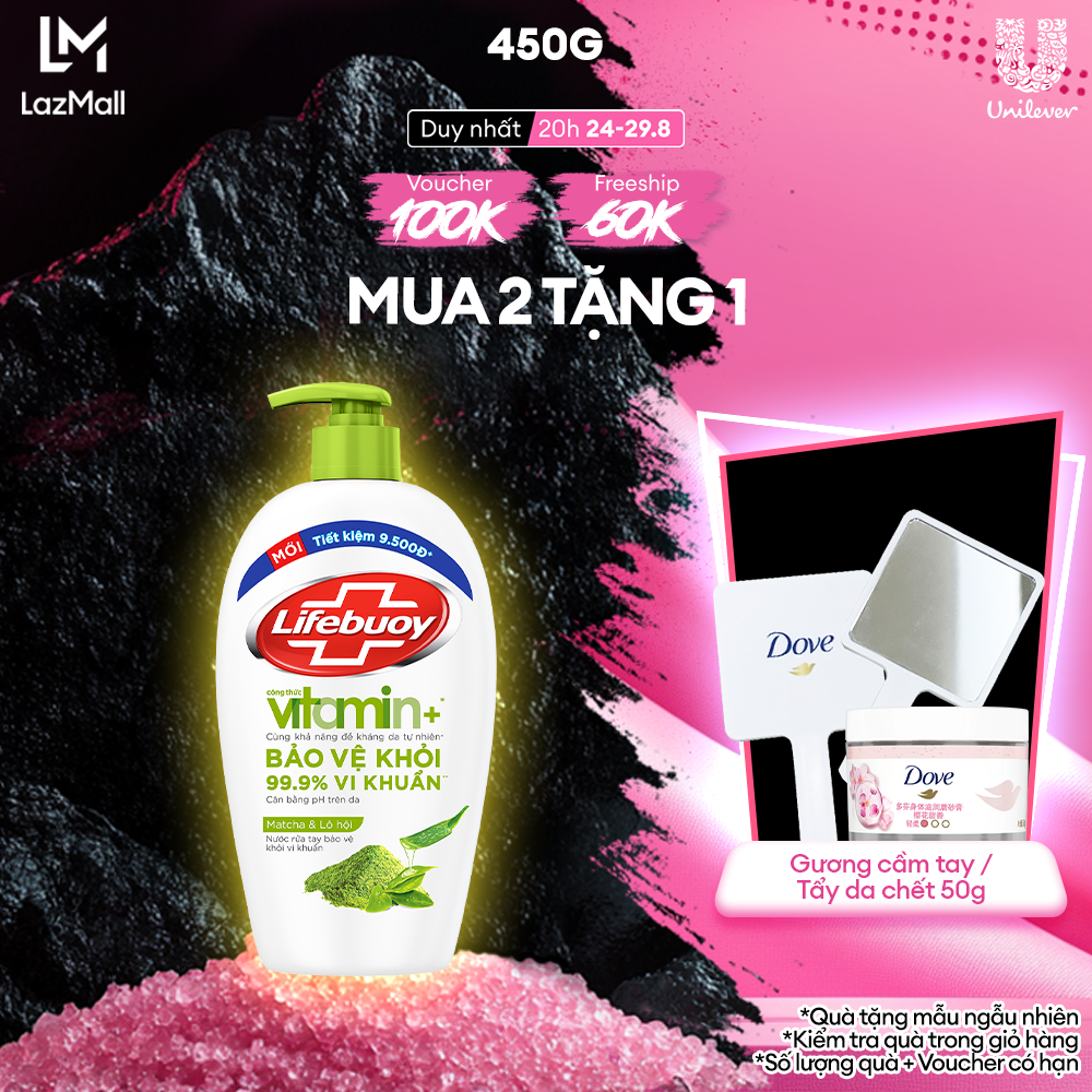 Nước Rửa Tay Lifebuoy Công thức Vitamin+ Matcha & Lô Hội Chai 450g