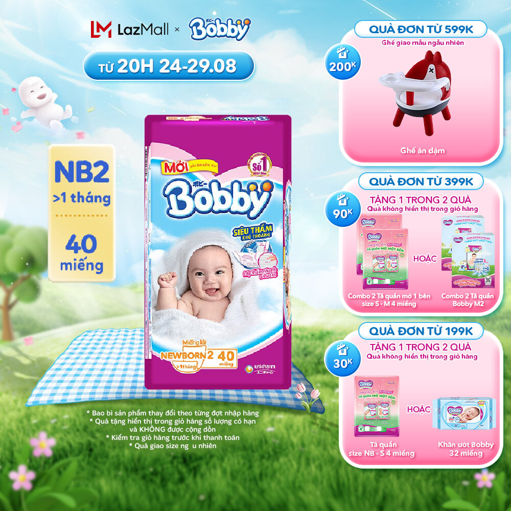 Miếng lót sơ sinh Bobby Newborn NB2 - 40 miếng - Siêu thấm khô thoáng [Bao bì thay đổi theo từng đợt nhập hàng]
