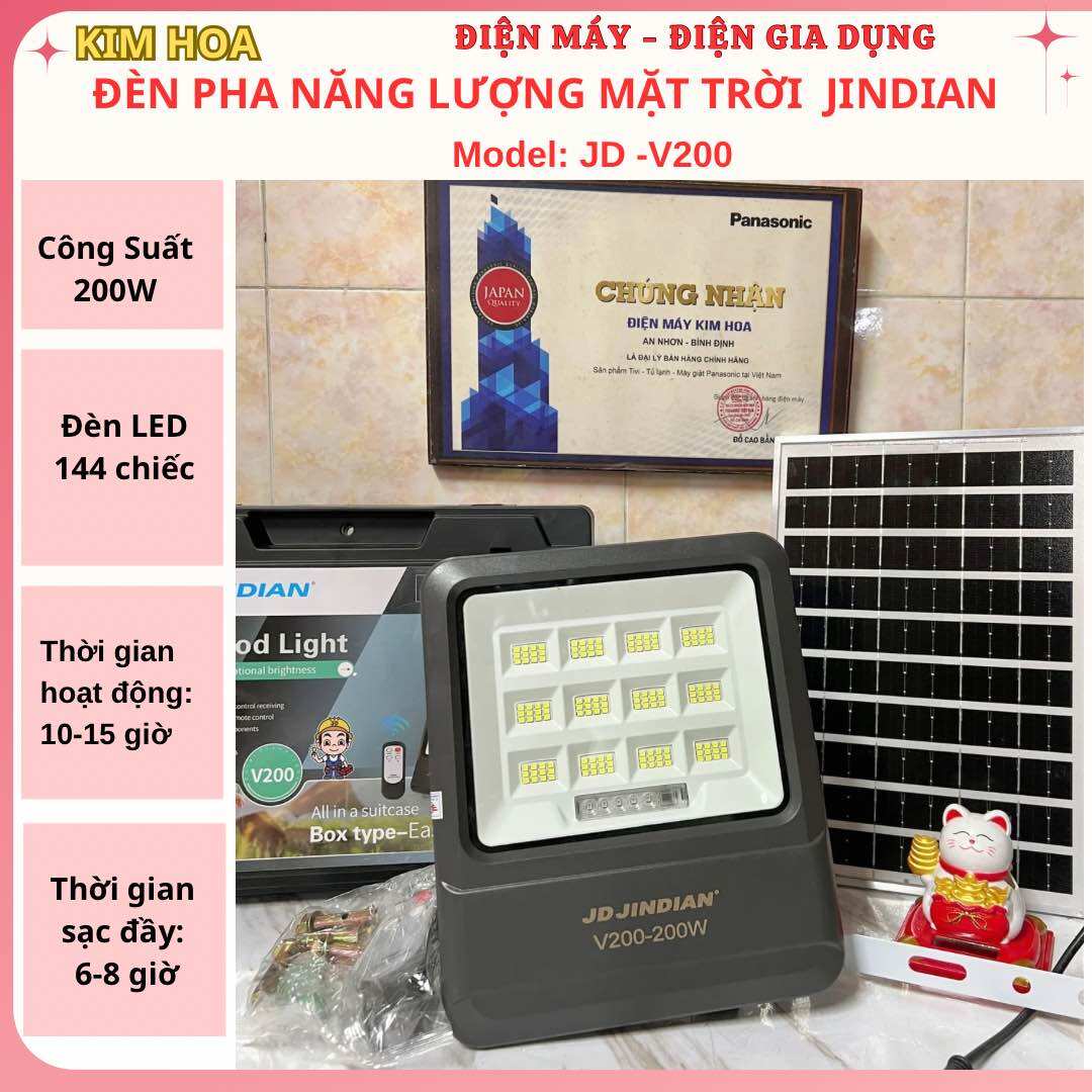 Đèn pha năng lượng mặt trời JINDIAN model: JD-V100 ( 100W) JD -V200 (200w) thời gian sáng 10 - 15 tiếng