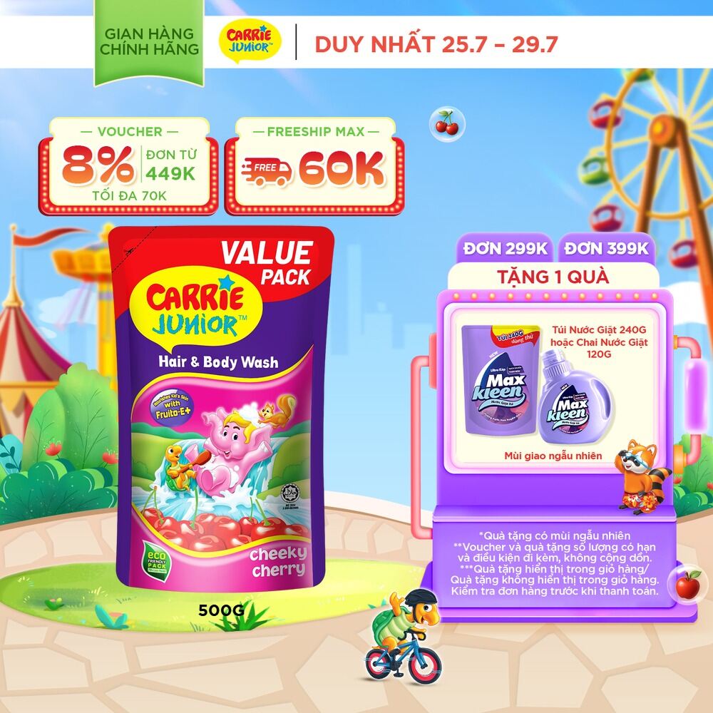 Túi Sữa Tắm Gội Cho Bé Carrie Junior chiết xuất trái cây thiên nhiên Hương Cheeky Cherry 500g