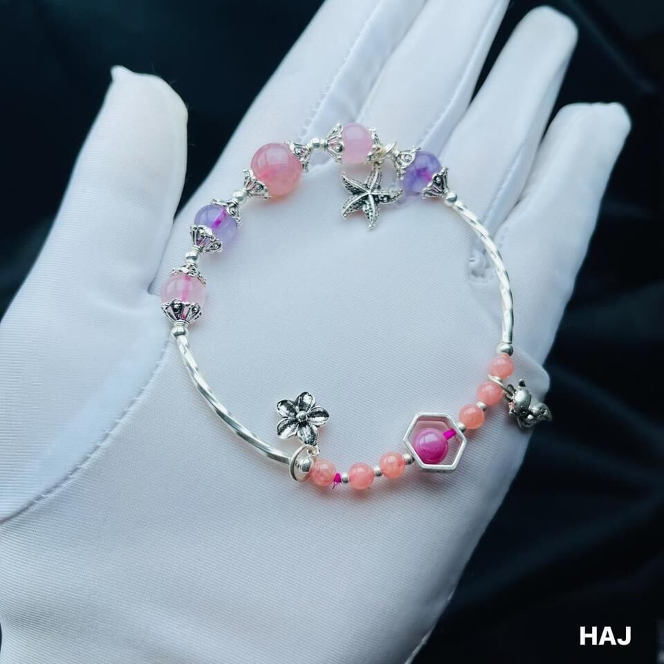 Vòng Thạch Anh Tím - Hồng Mix Charm Bạc