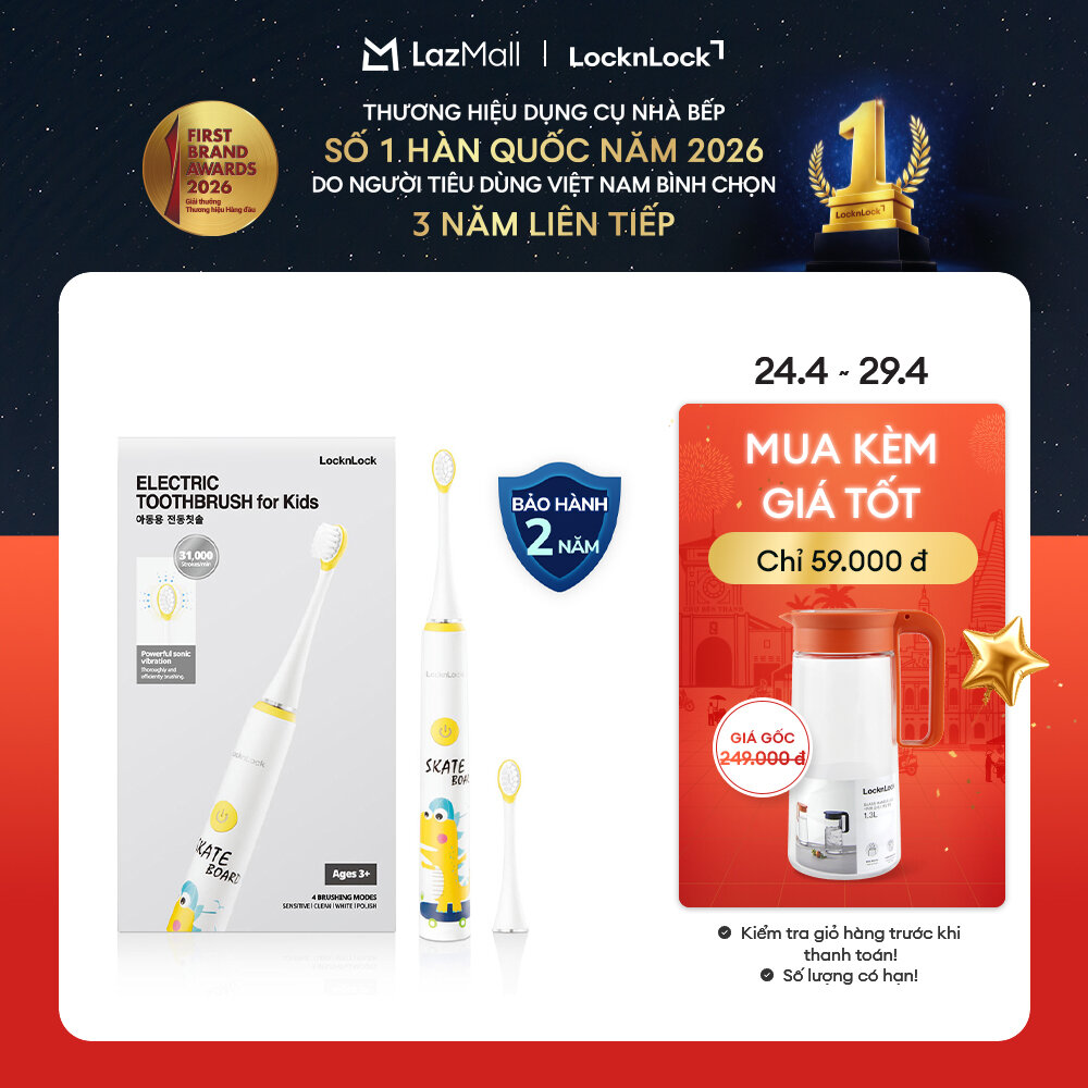 ENR226WHT-Bàn chải đánh răng điện/ Đầu bàn chải cho bé Locknlock Electric toothbrush for kids - 4 chế độ, chống nước - Hàng chính hãng