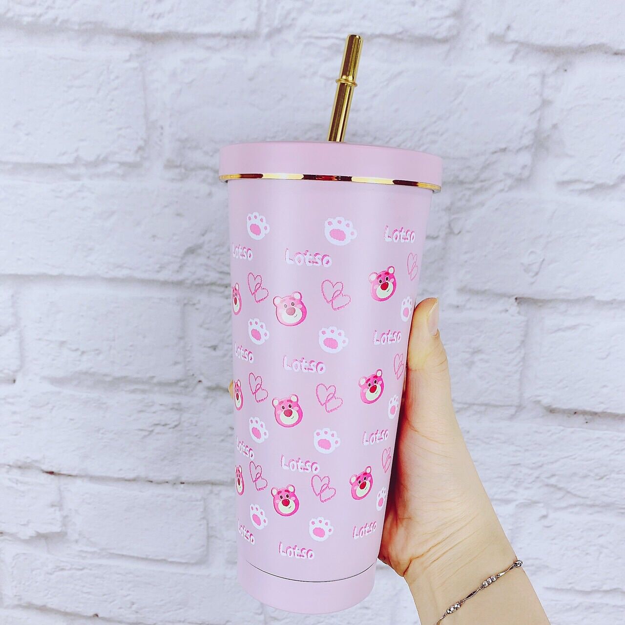 Ly giữ nhiệt gấu dâu 550ml tặng kèm ống hút và cọ rửa+ túi đựng trong
