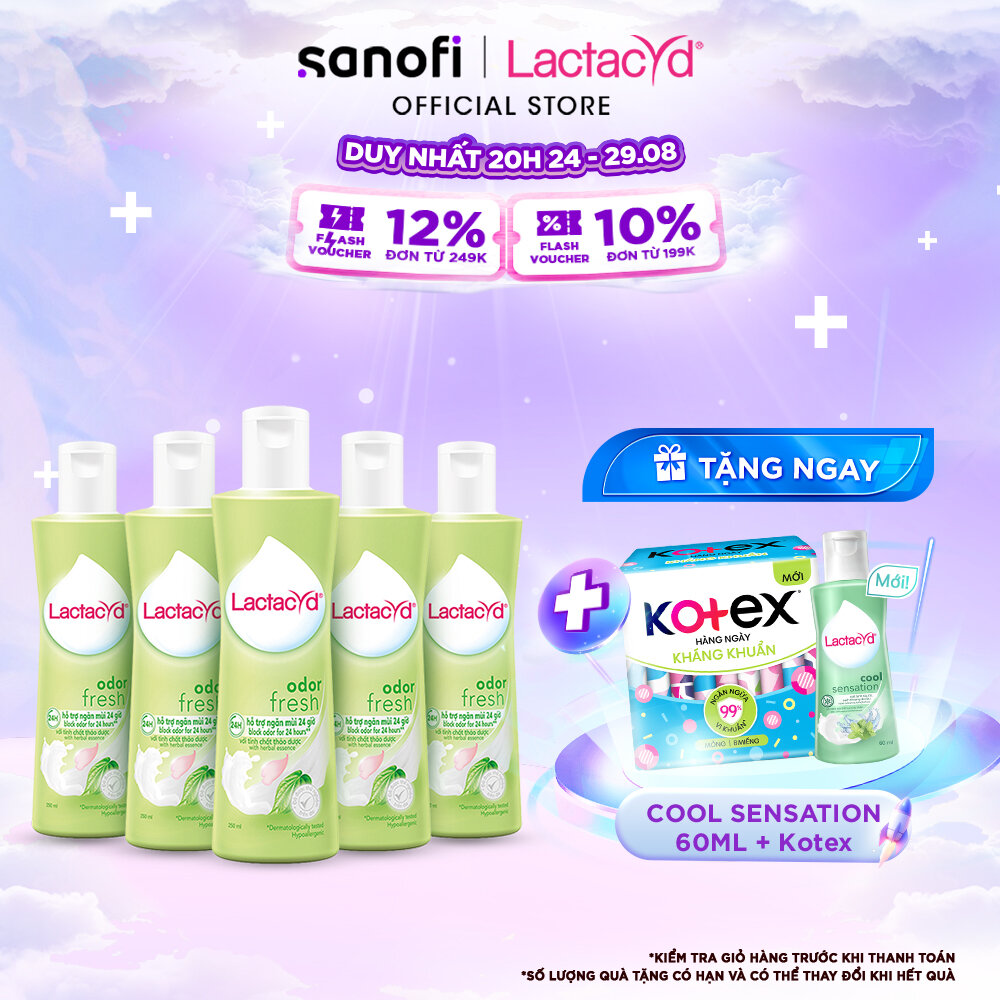 Bộ 5 chai dung dịch vệ sinh phụ nữ lactacyd odor fresh ngăn mùi 24h 250ml/chai