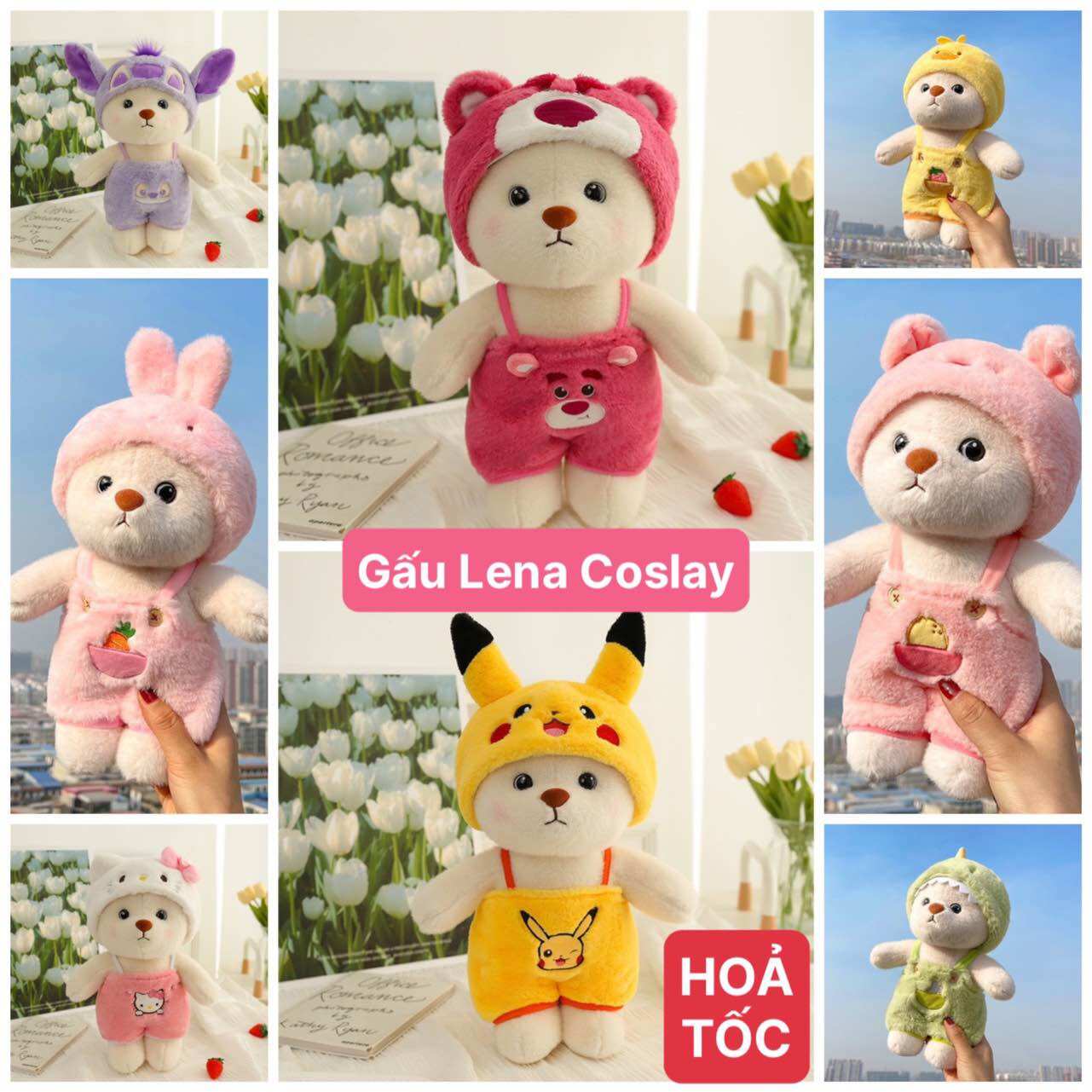 Gấu bông lena teddy coslay gấu dâu-stich-pikachu-khủng long-heo-thỏ-kitty-vịt đáng yêu-áo tháo rời được