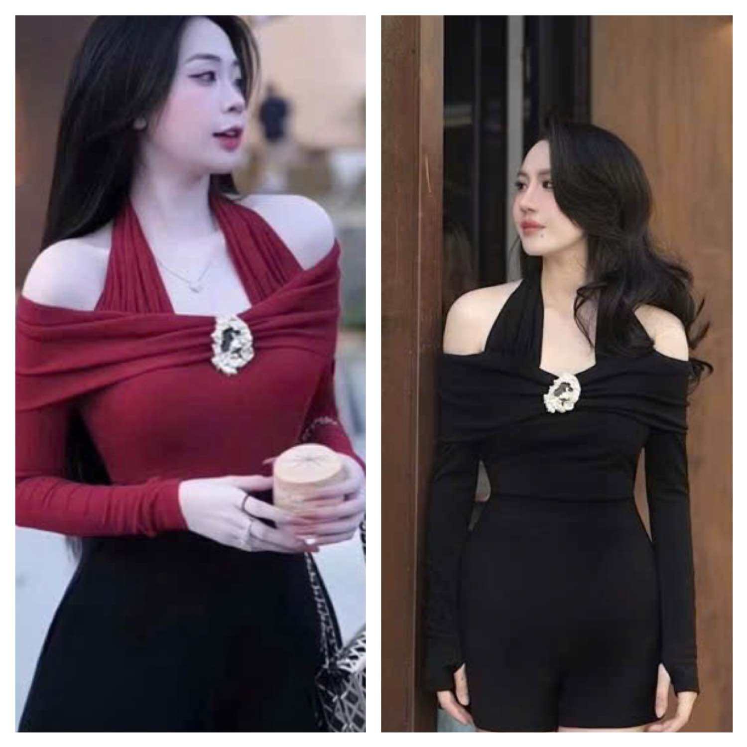 ÁO NHŨ RỚT VAI PHỐI CỔ YẾM ĐÍNH TAG CÀi ÁO KIỂU YẾM TRÒNG CỔ DÀI TAY M11c