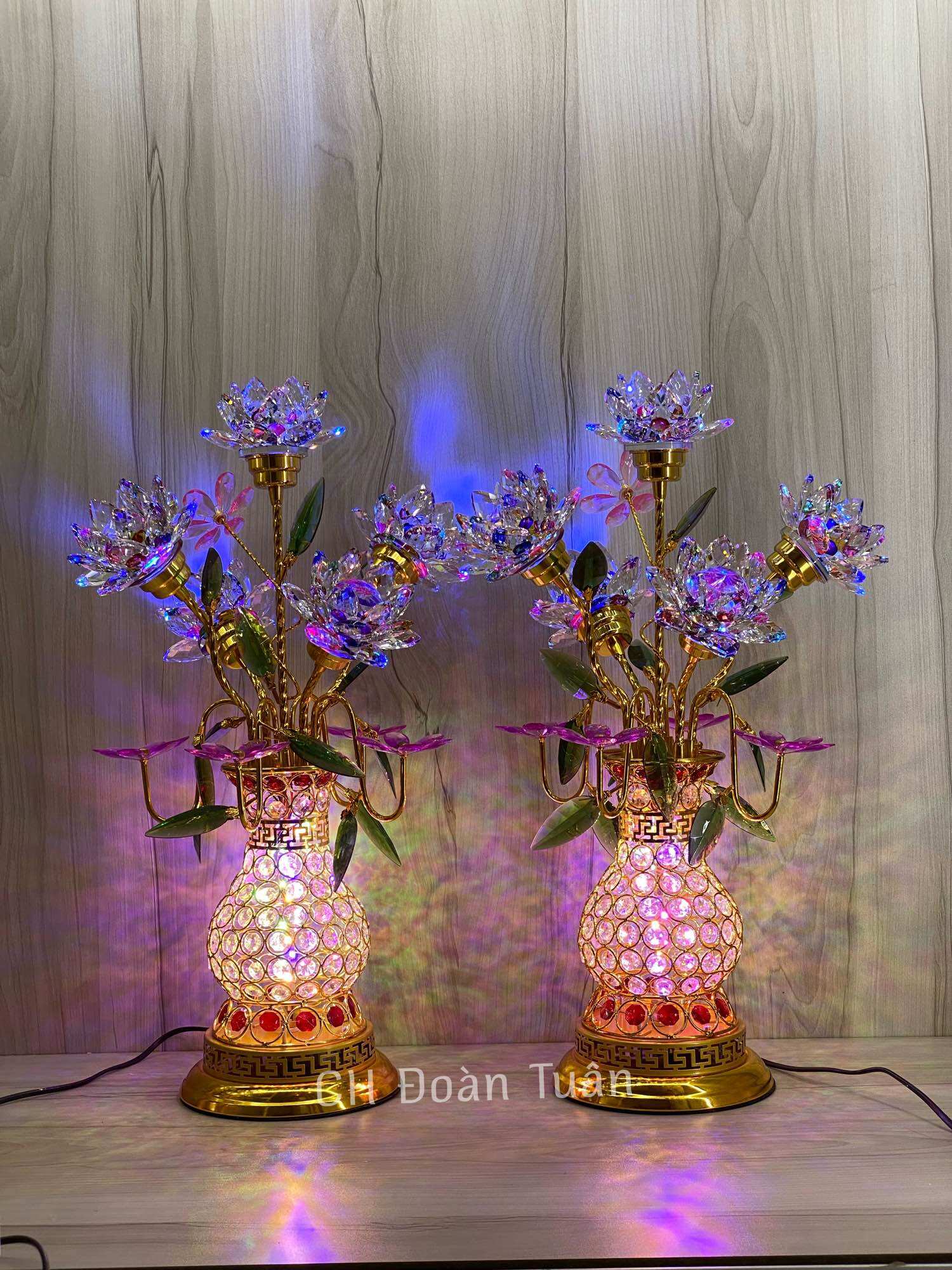 đèn thờ bình bông pha lê cao cấp - đèn bình 5 bông pha lê