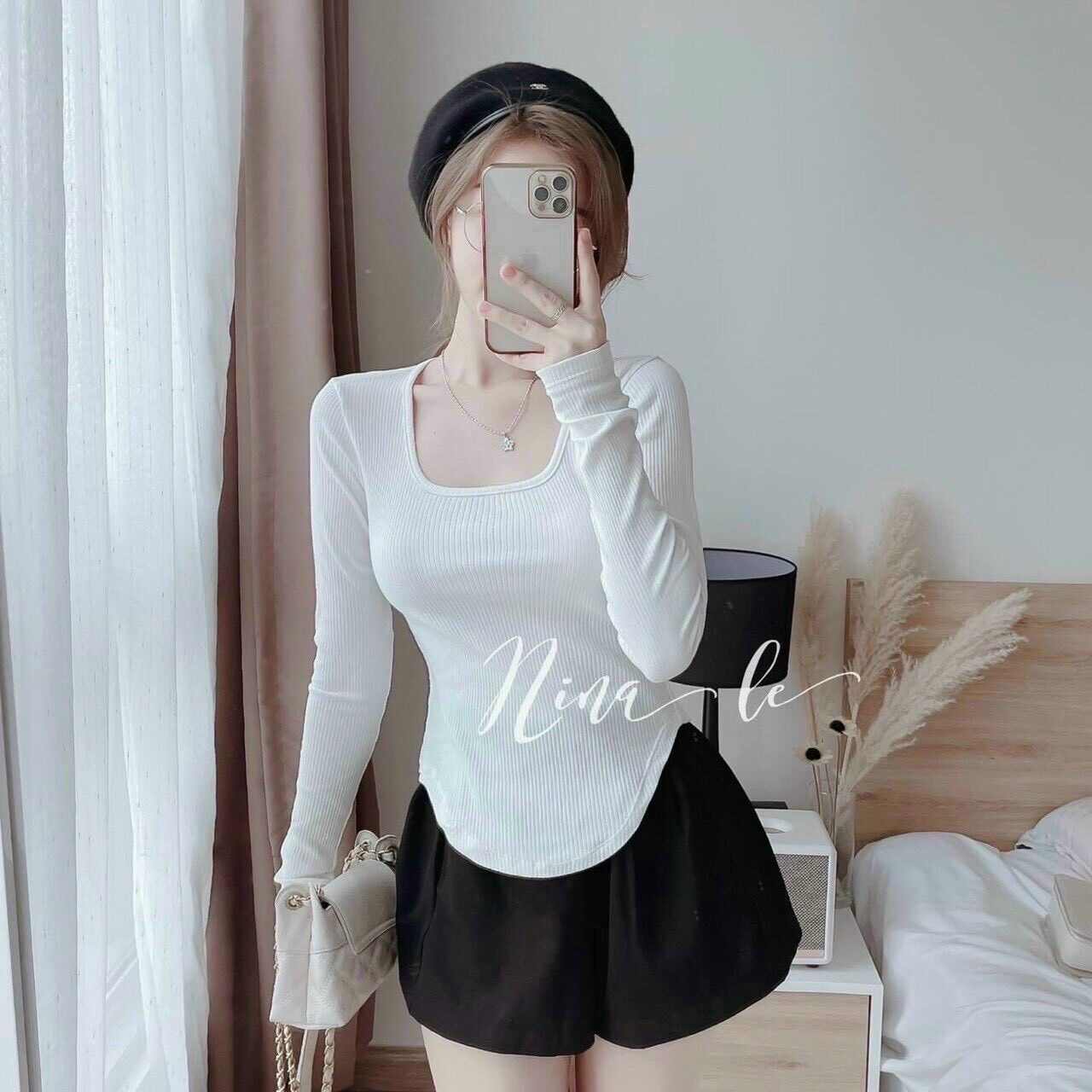 Áo cổ vuông vạt bầu thun gân hót hít