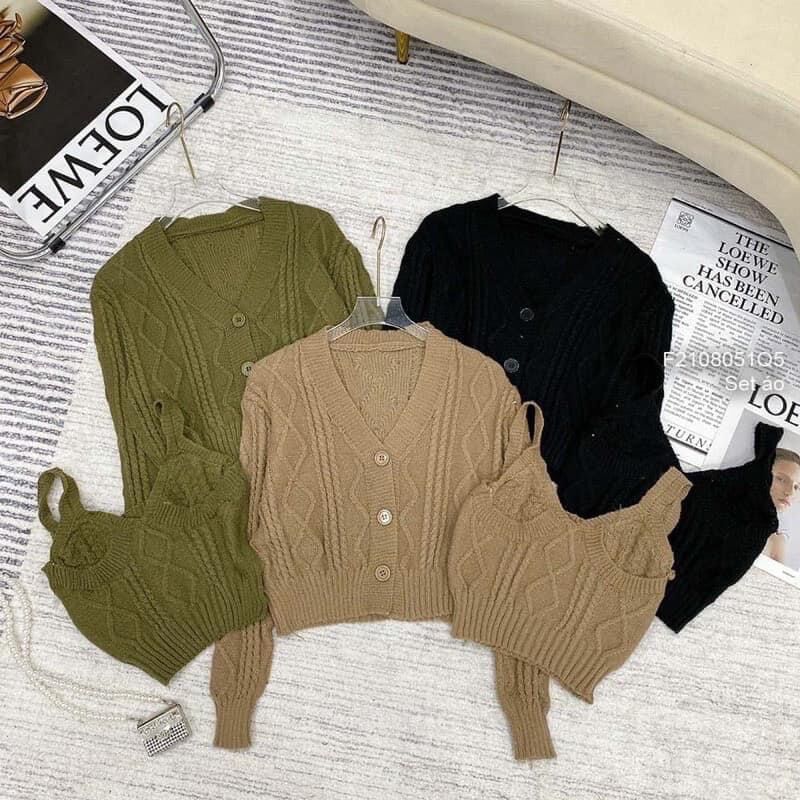 Sét áo 2 dây bo eo + áo khoác hình thoi(kèm ảnh thật)