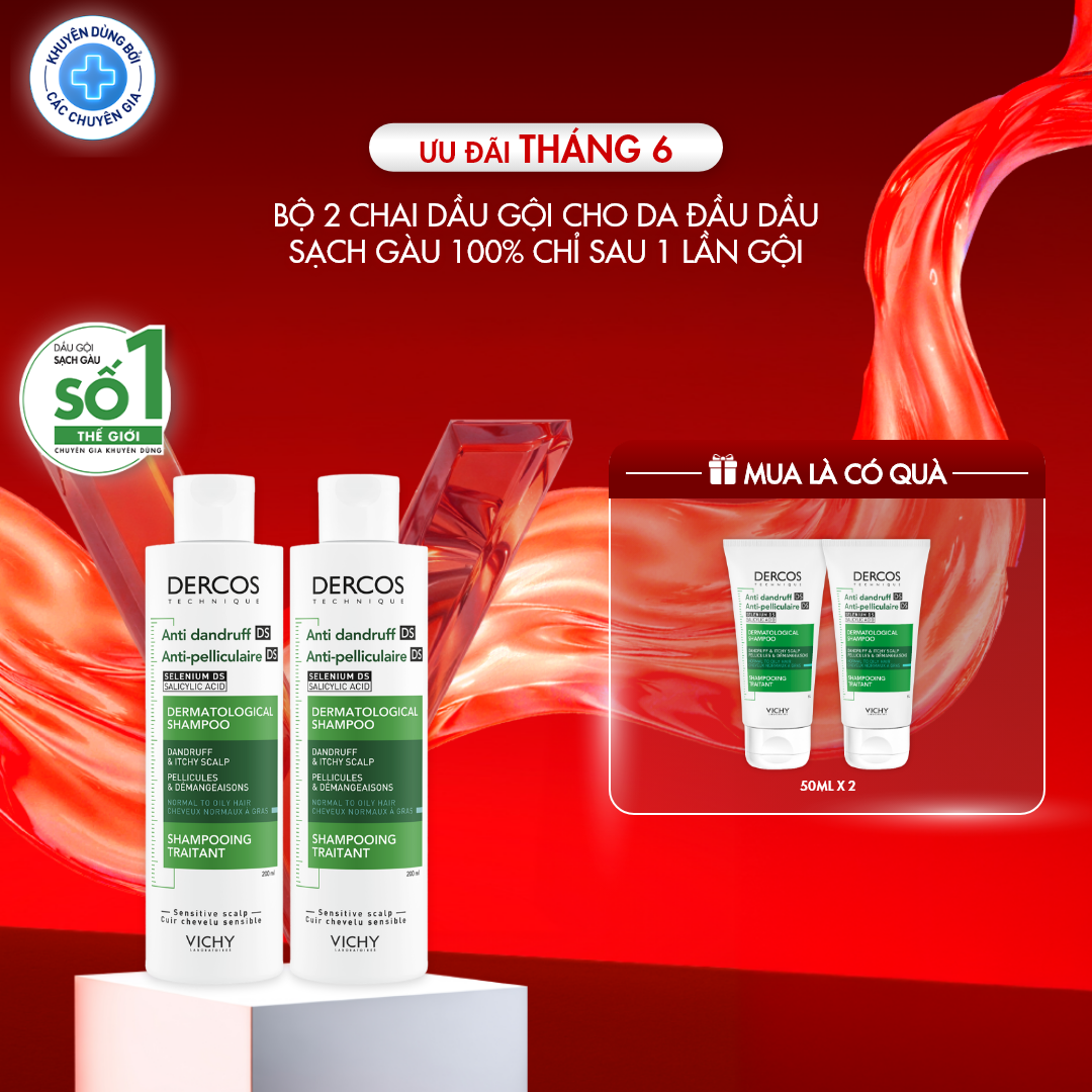 Bộ 2 dầu gội giúp sạch gàu dành cho da đầu dầu  ngứa Vichy Dercos Anti Dandruff 200ml x2