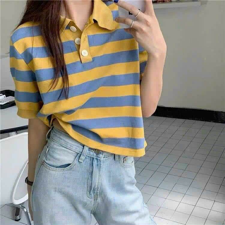 Áo Len croptop cổ bẻ sọc ngang tay ngắn hở lưng có nút bấm sau lưng hàng Quang Châu cao cấp thời trang cho nữ